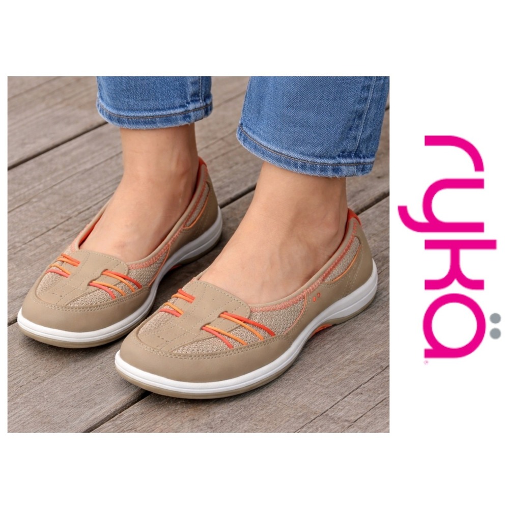 Ryka Beige Slip-On Flats with Orange Accents